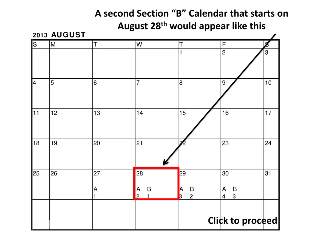 a second section b calendar that starts on august