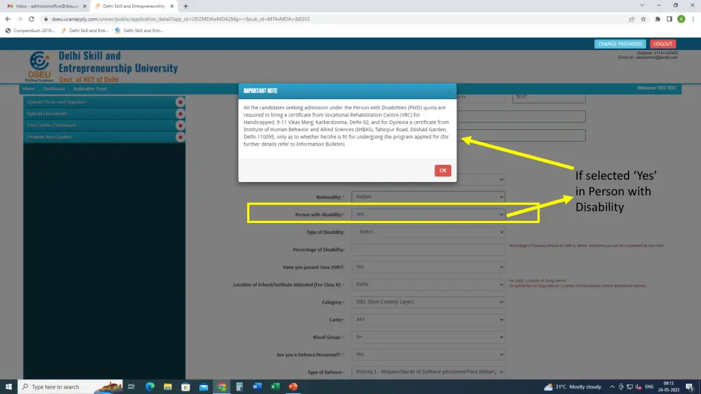 if selected yes in person with disability