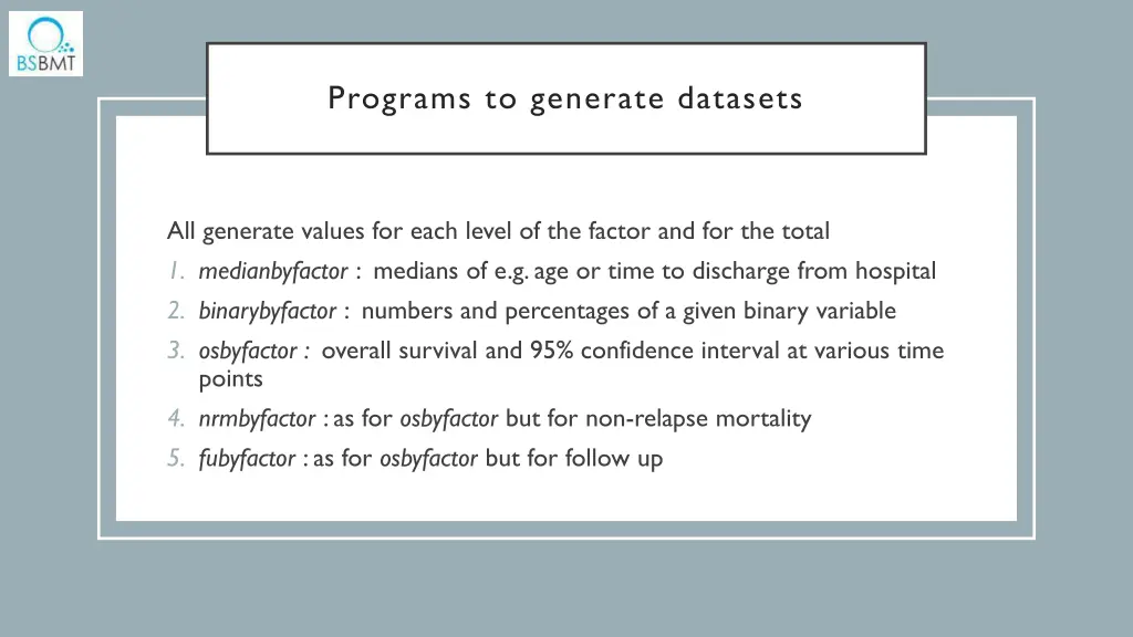 programs to generate datasets