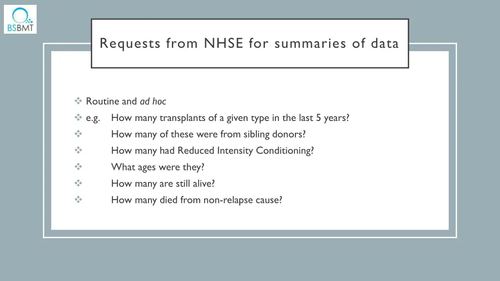 requests from nhse for summaries of data