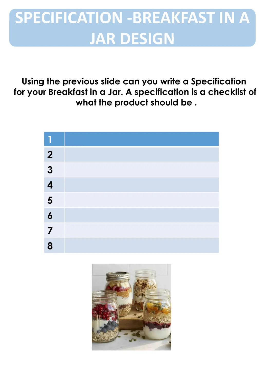 specification breakfast in a jar design