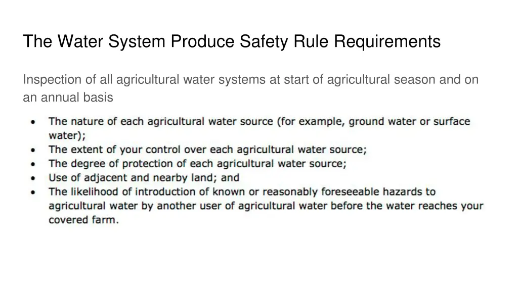 the water system produce safety rule requirements