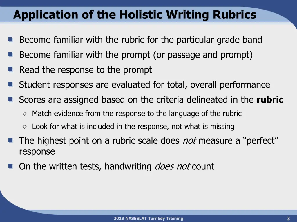 application of the holistic writing rubrics