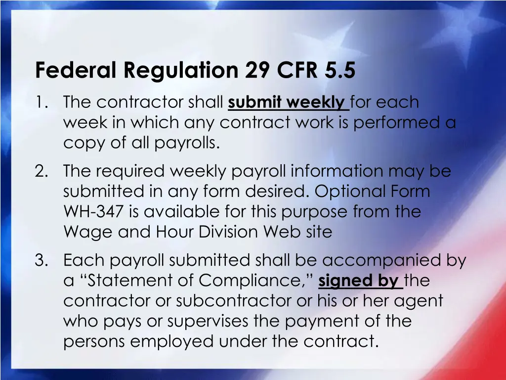 federal regulation 29 cfr 5 5 1 the contractor