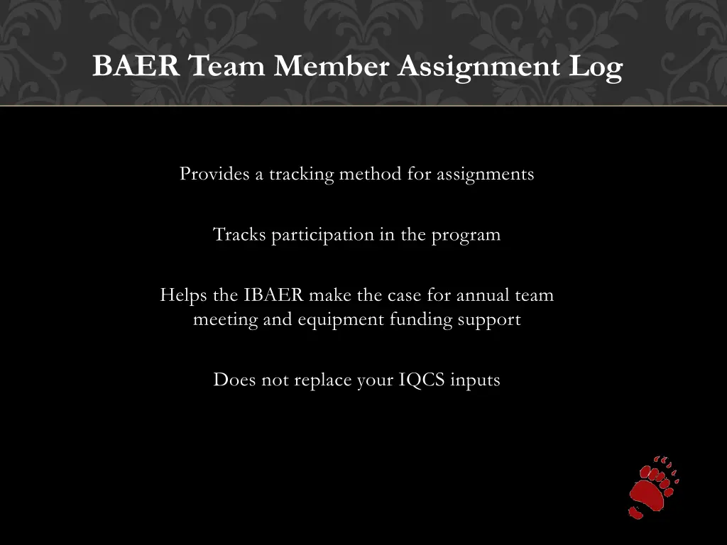 baer team member assignment log 1