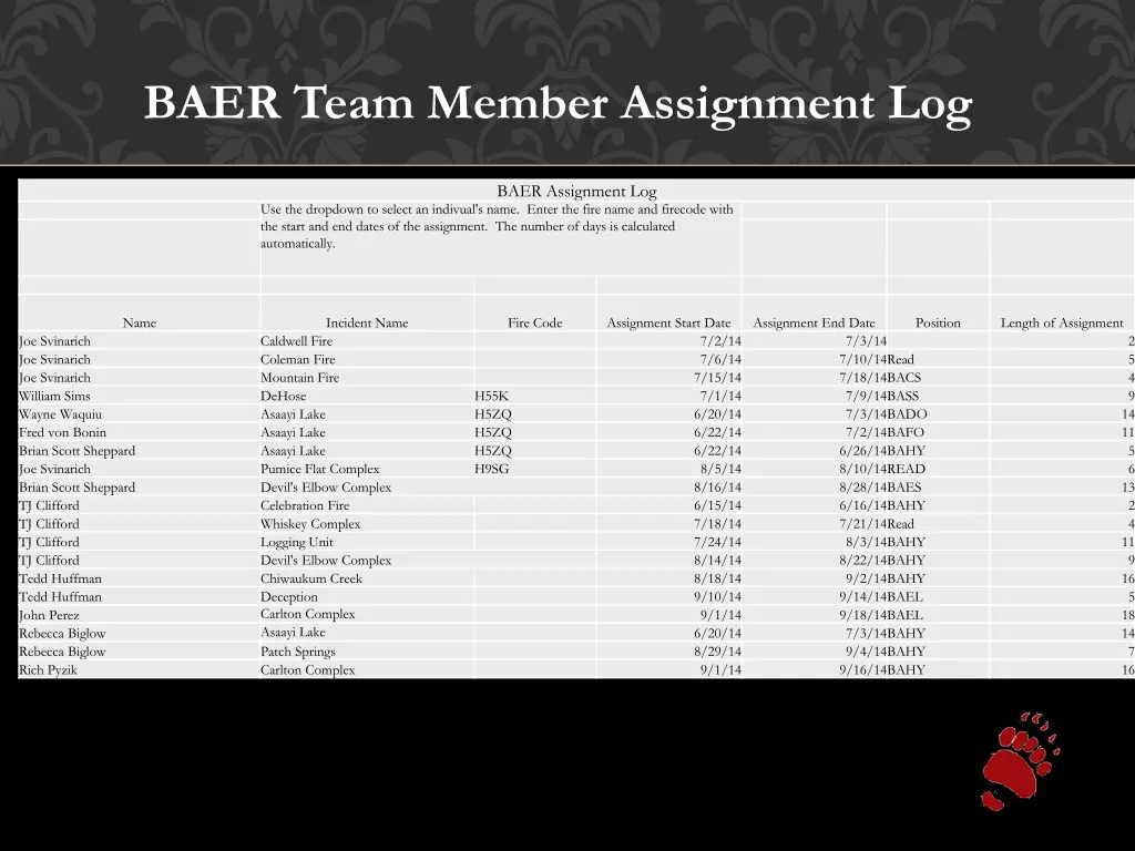 baer team member assignment log