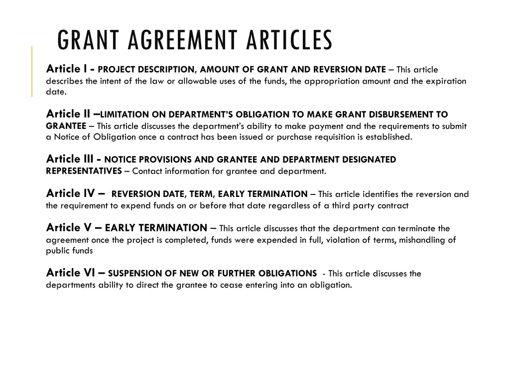 grant agreement articles article i project