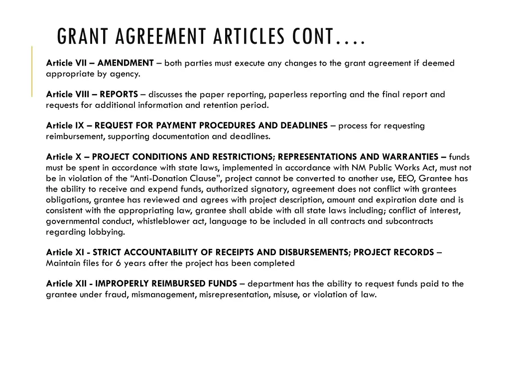 grant agreement articles cont