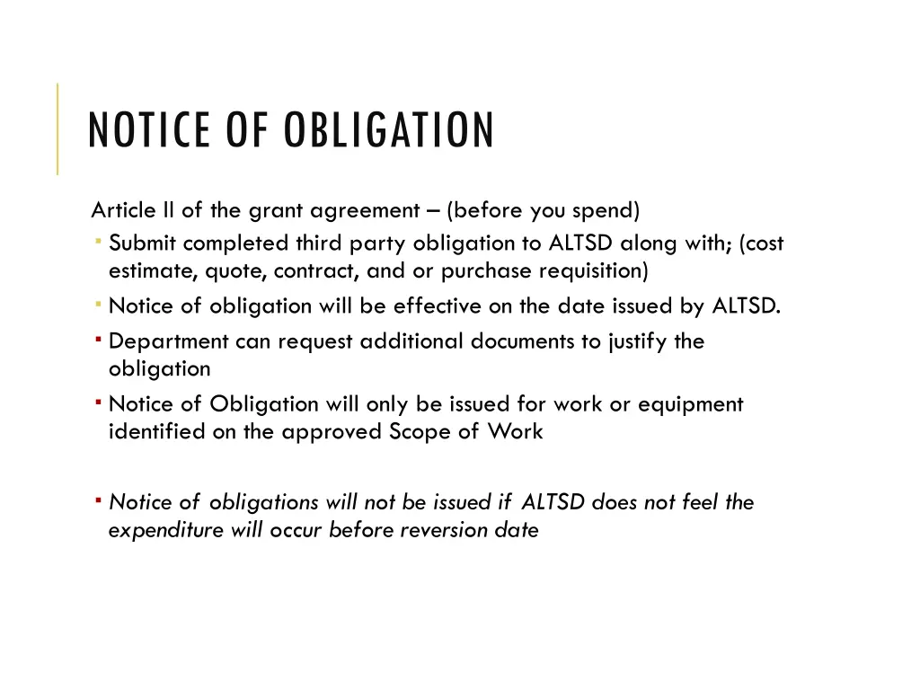 notice of obligation