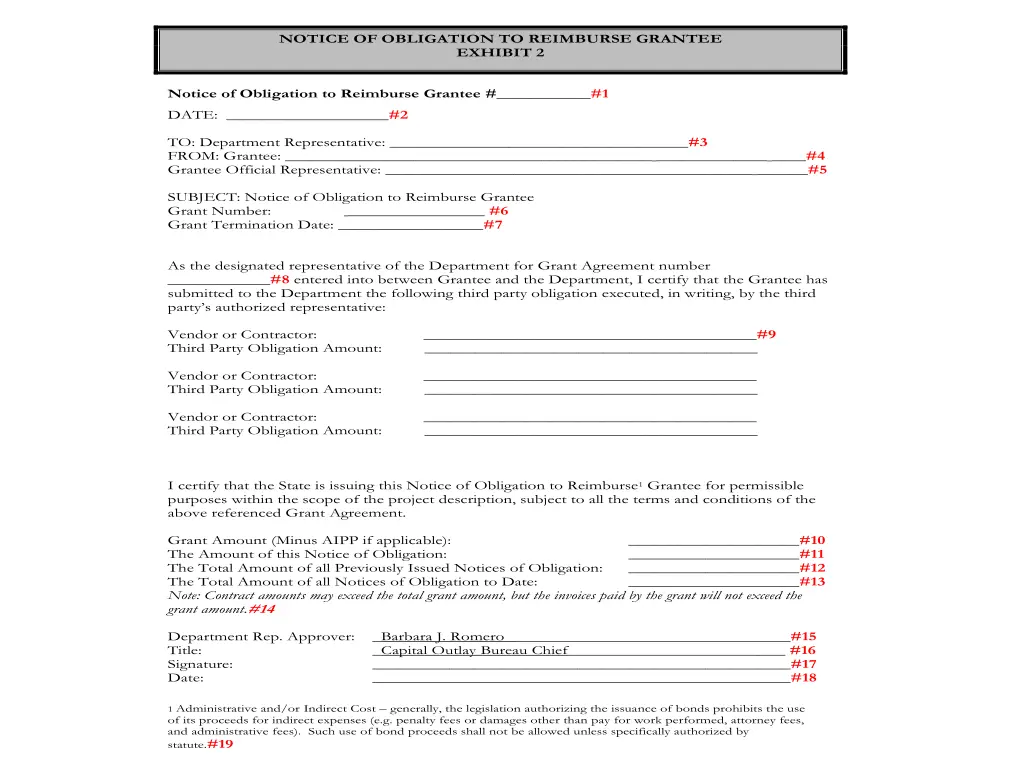 notice of obligation to reimburse grantee exhibit