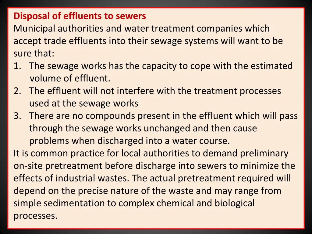 disposal of effluents to sewers municipal