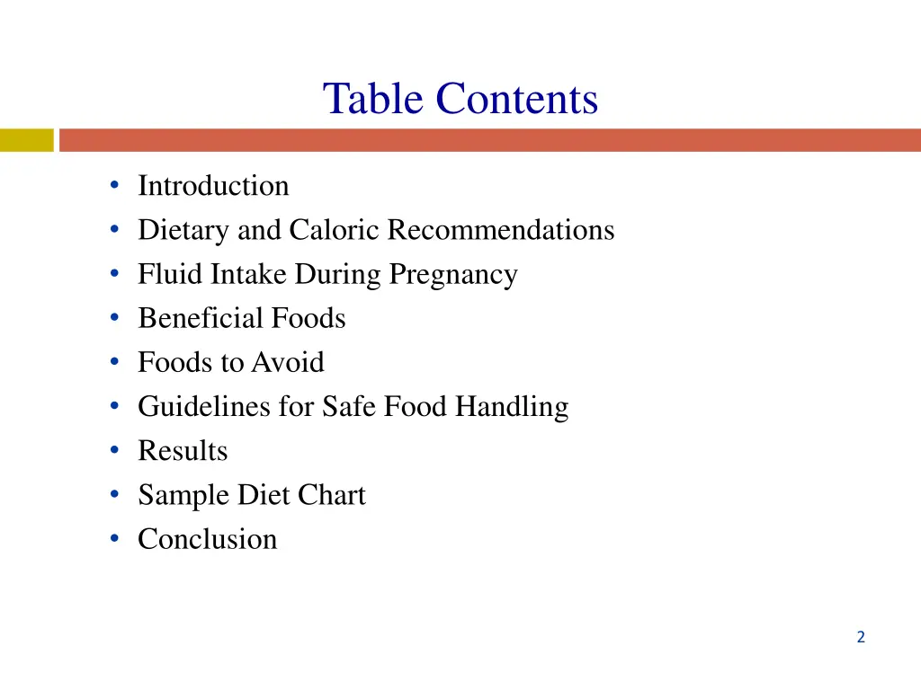 table contents