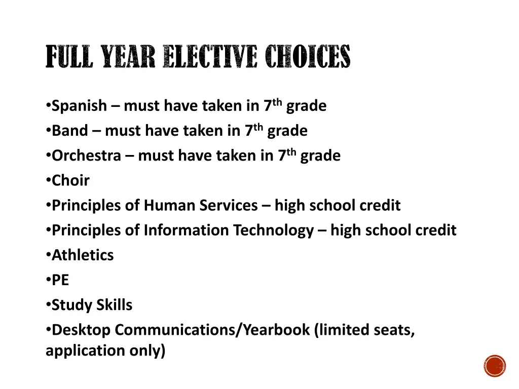 full year elective choices