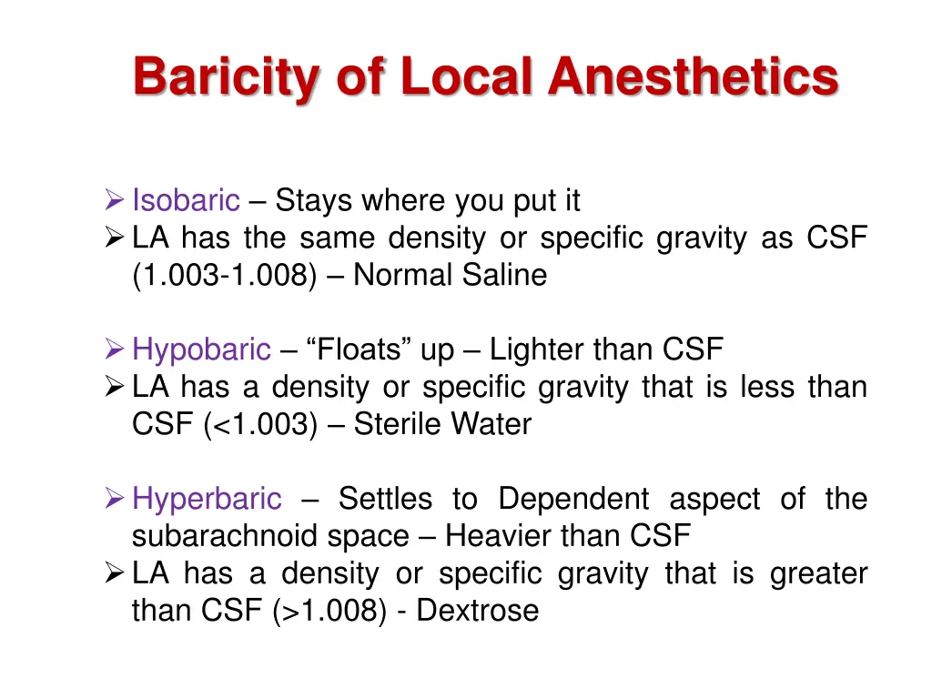 baricity of local anesthetics