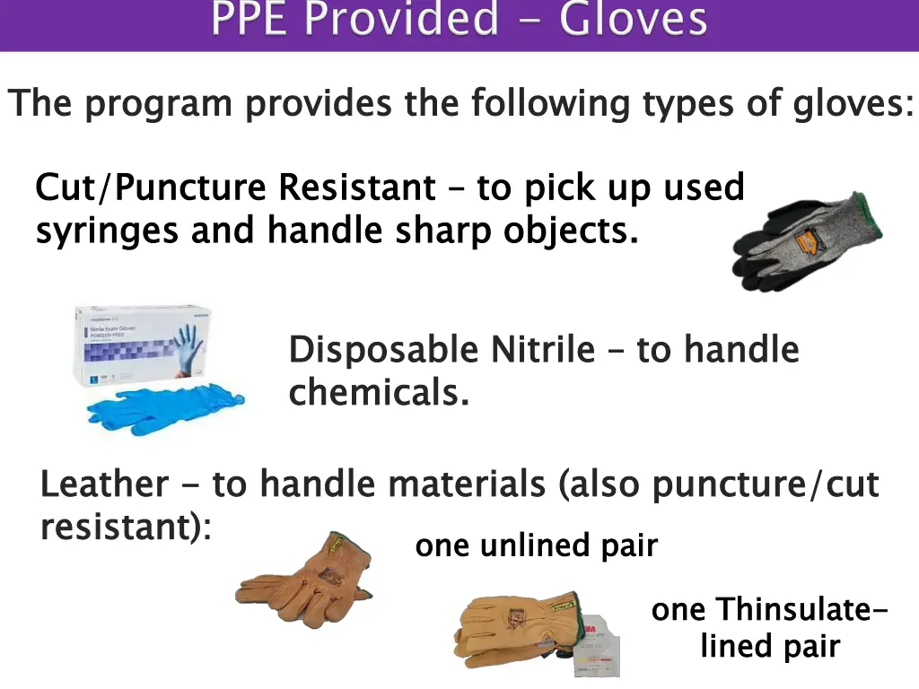 the program provides the following types of gloves