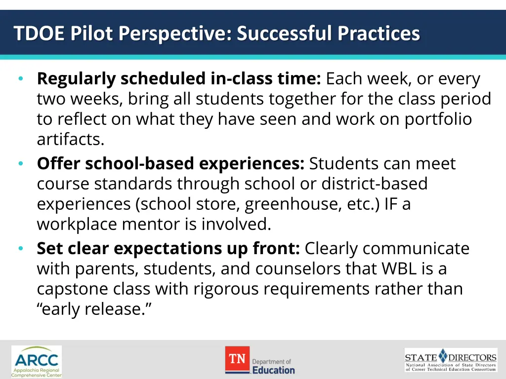 tdoe pilot perspective successful practices