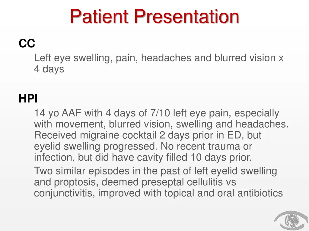 patient presentation