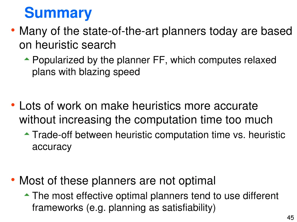 summary many of the state of the art planners