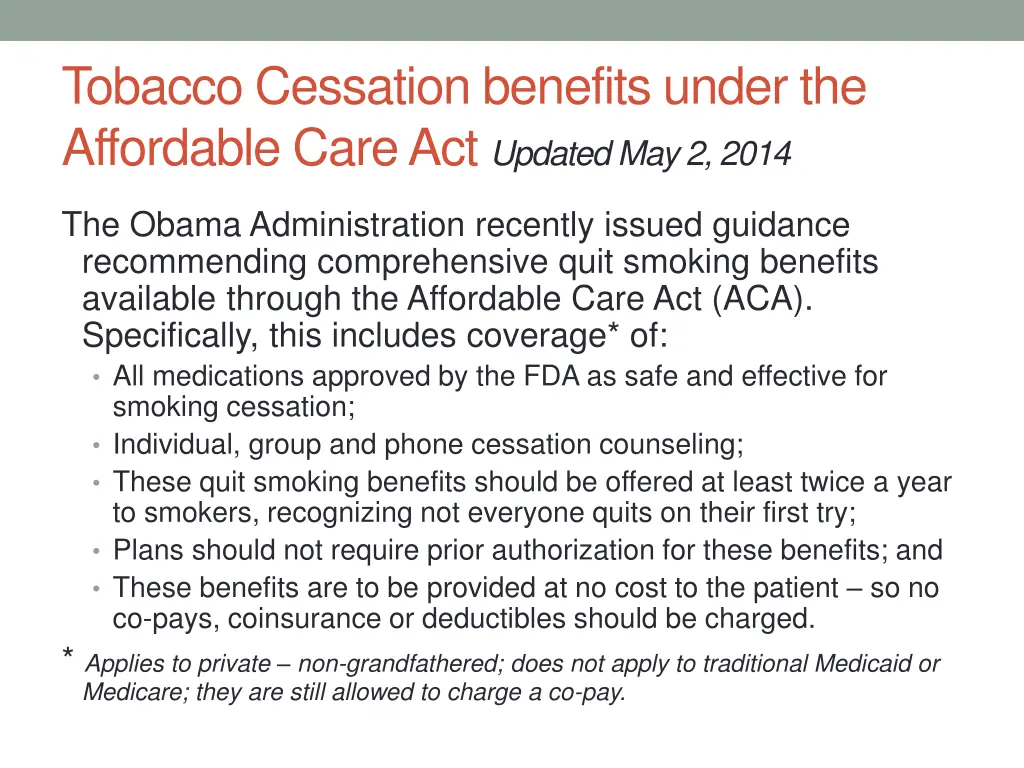 tobacco cessation benefits under the affordable