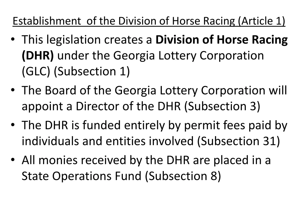 establishment of the division of horse racing