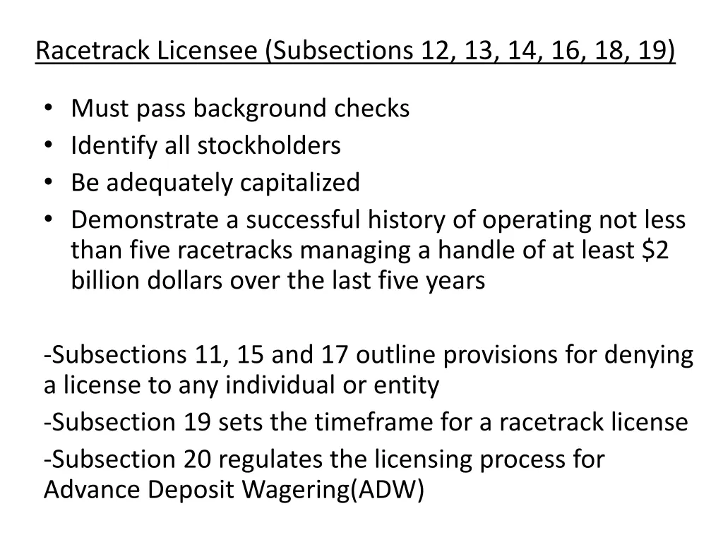 racetrack licensee subsections 12 13 14 16 18 19