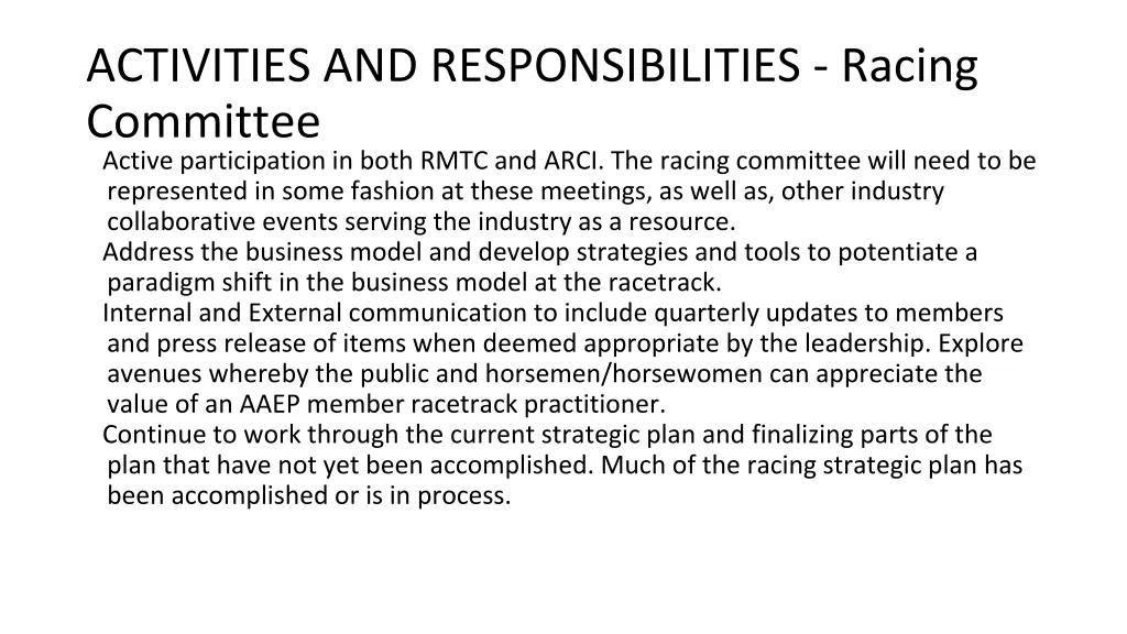 activities and responsibilities racing committee 1