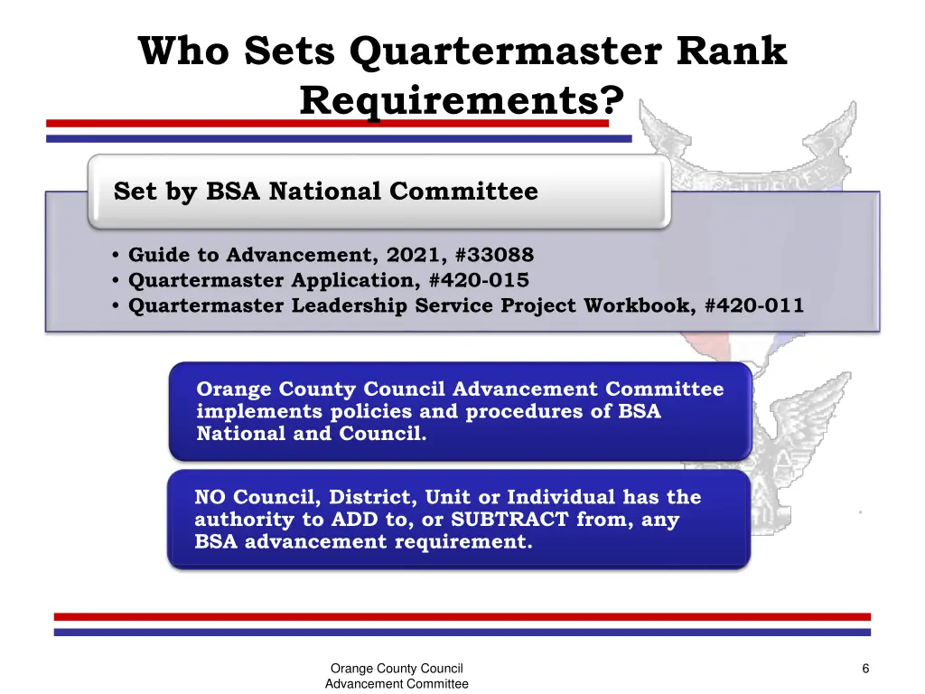 who sets quartermaster rank requirements