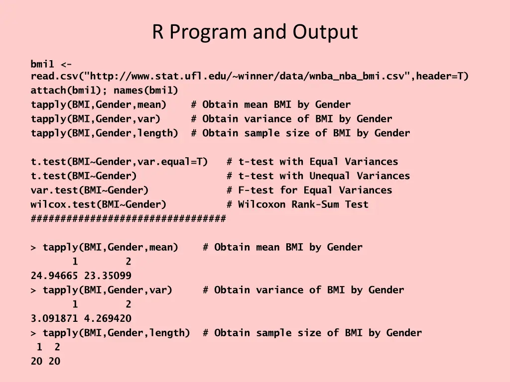 r program and output