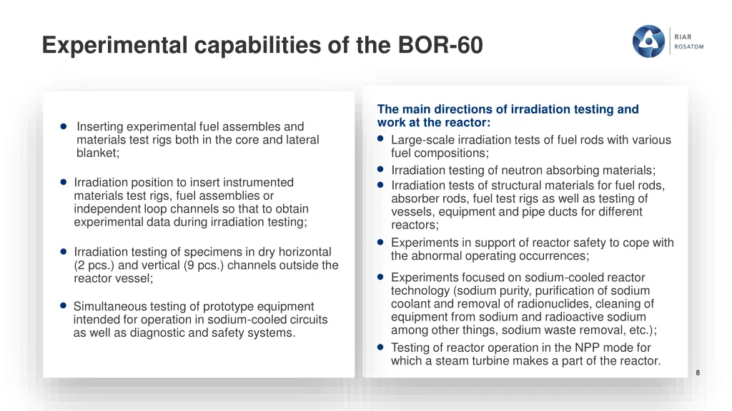 experimental capabilities of the bor 60