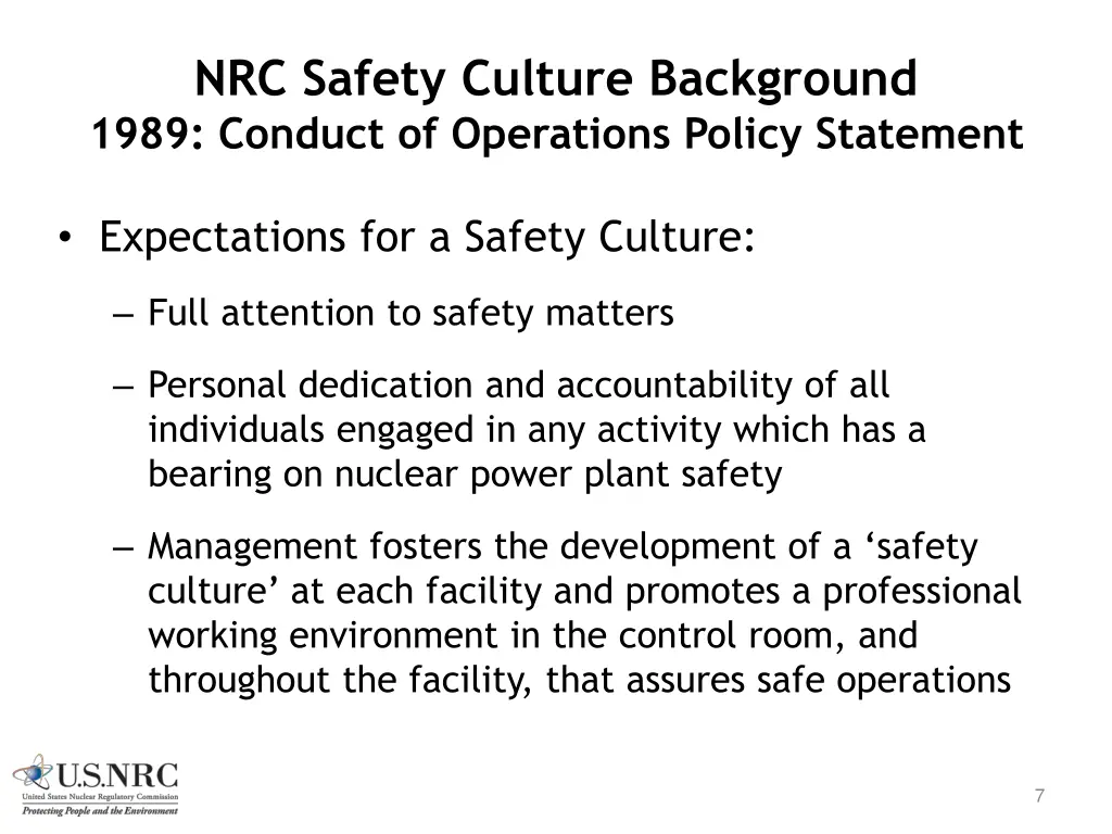 nrc safety culture background 1989 conduct