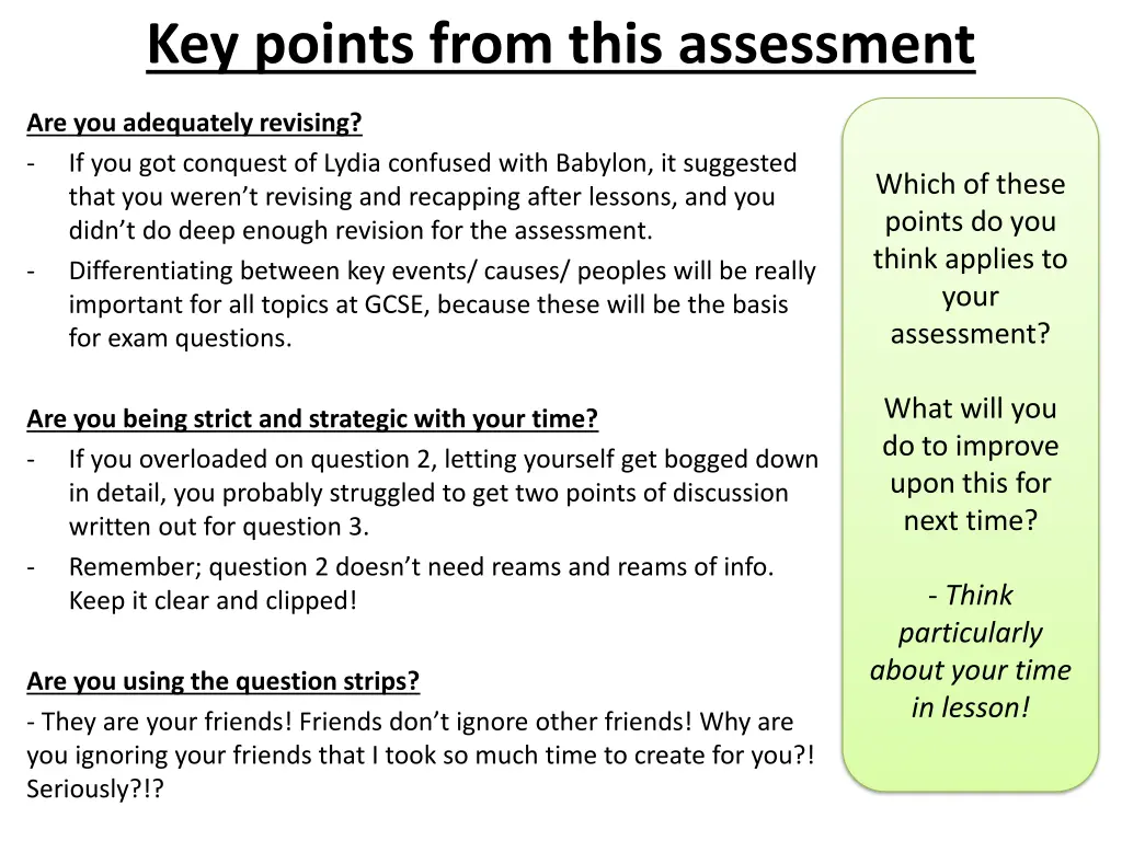 key points from this assessment