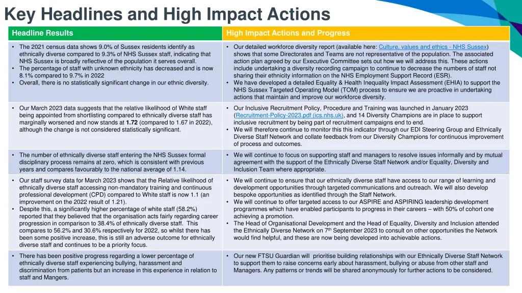 key headlines and high impact actions