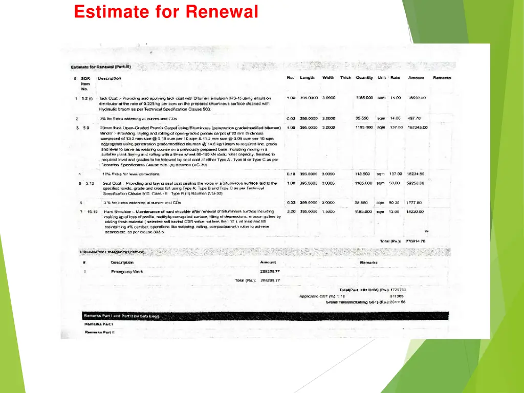 estimate for renewal