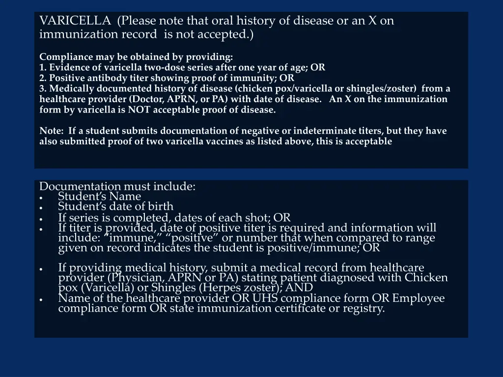 varicella please note that oral history