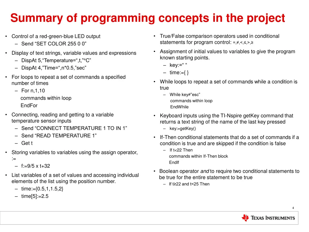 summary of programming concepts in the project