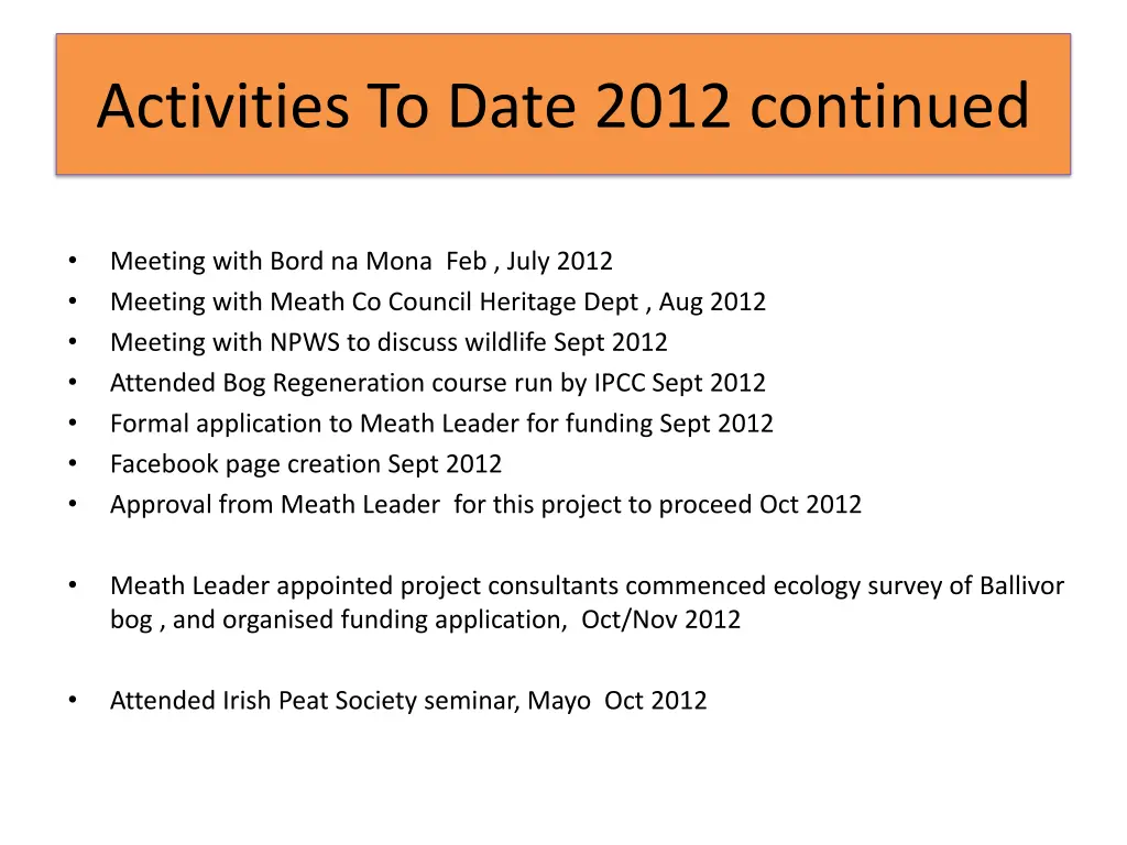 activities to date 2012 continued