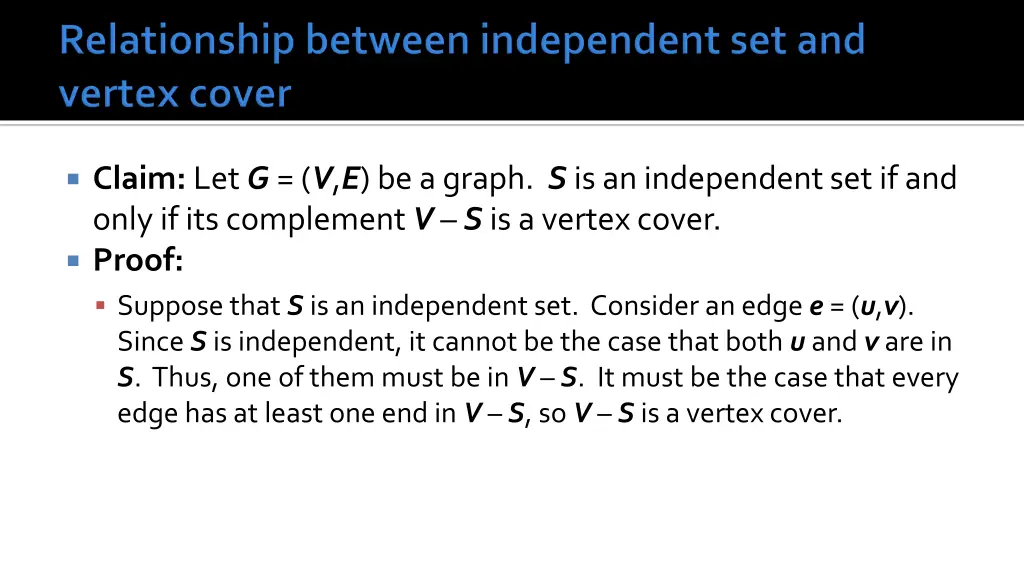 claim let g v e be a graph s is an independent