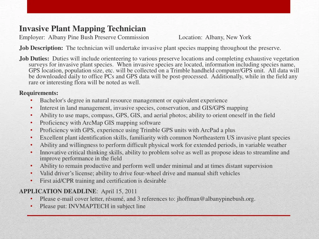 invasive plant mapping technician employer albany