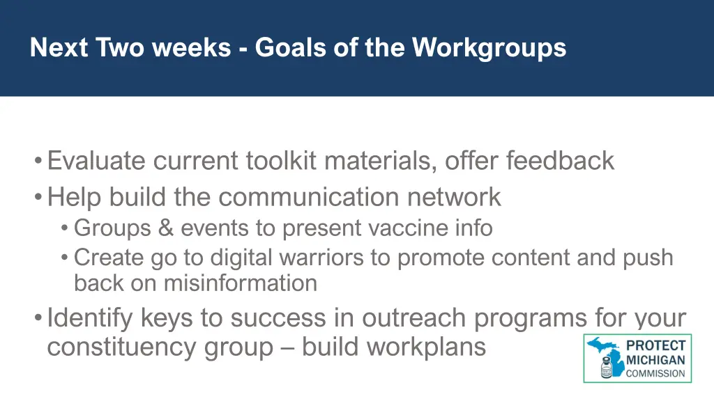 next two weeks goals of the workgroups