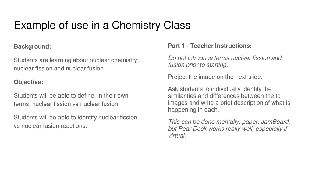 example of use in a chemistry class