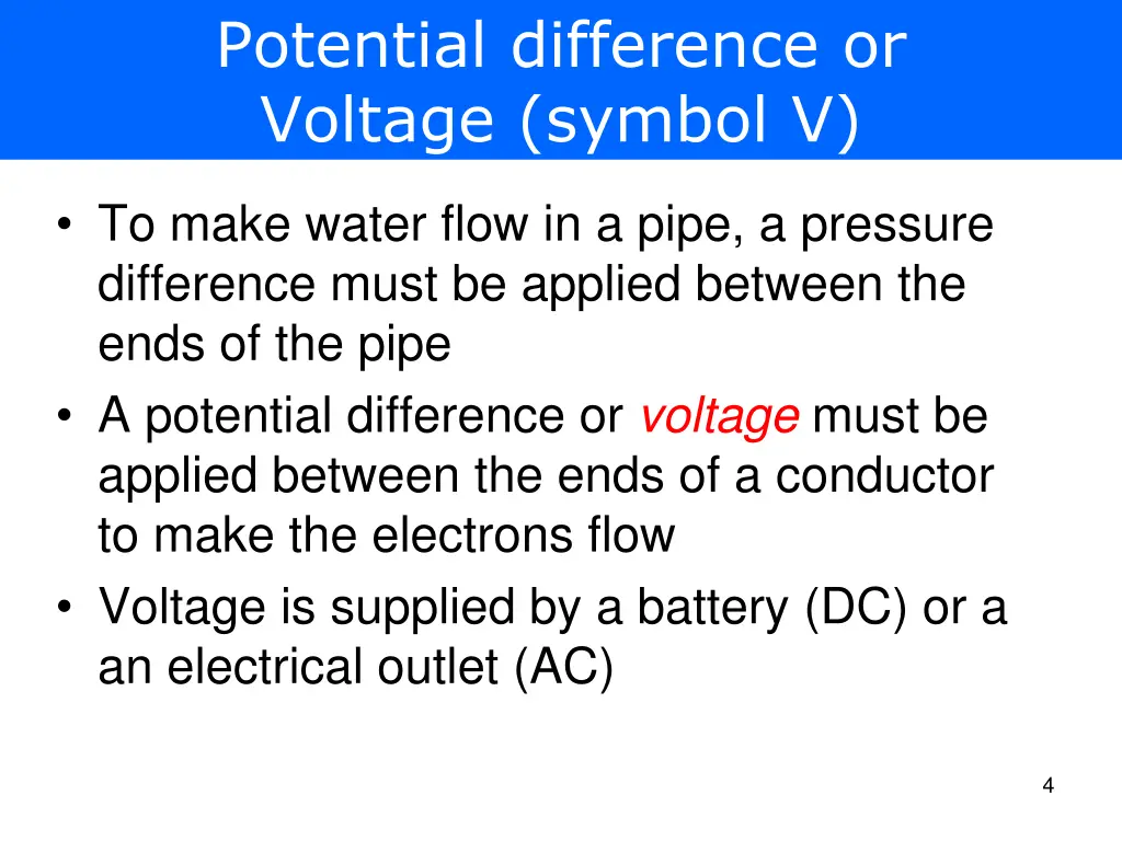 potential difference or voltage symbol v