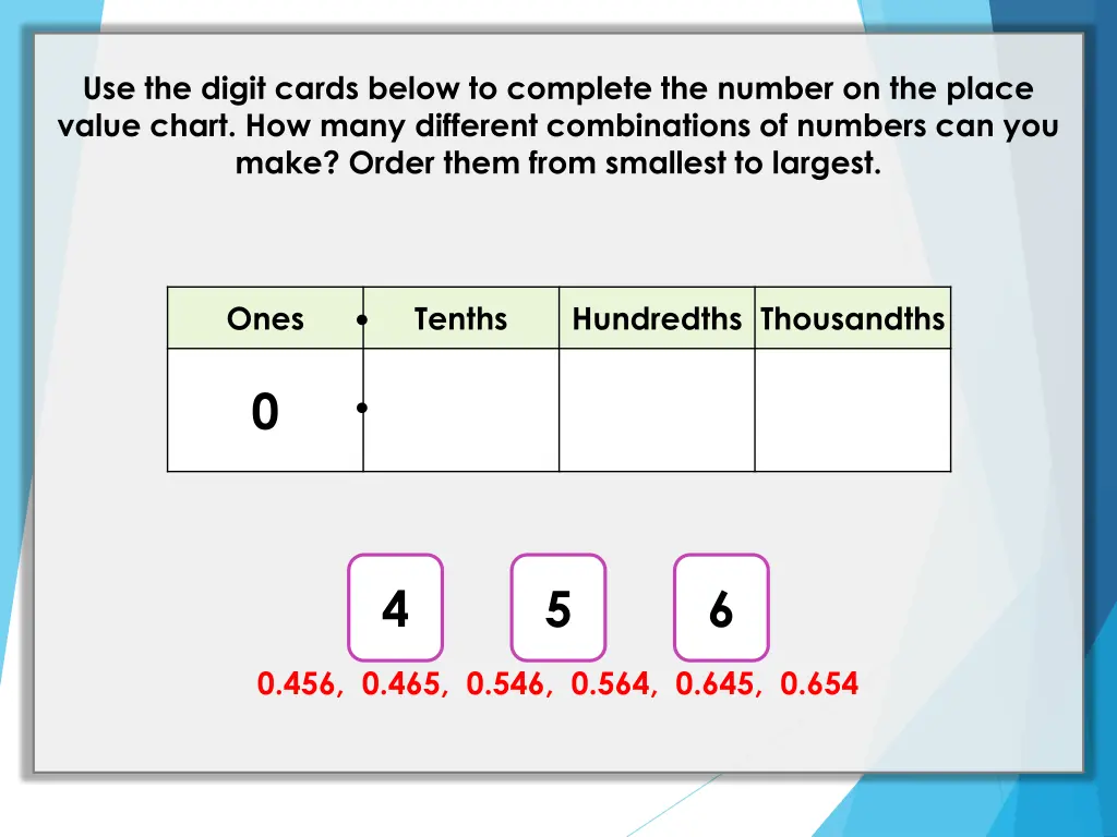 use the digit cards below to complete the number 1