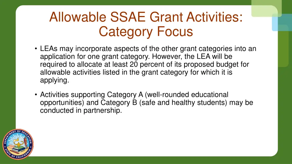 allowable ssae grant activities category focus