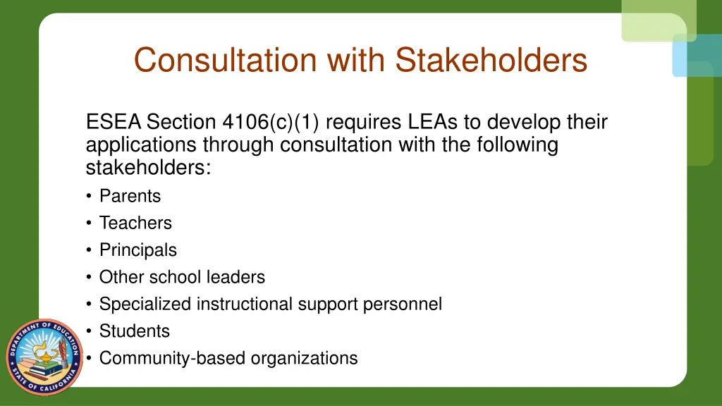 consultation with stakeholders