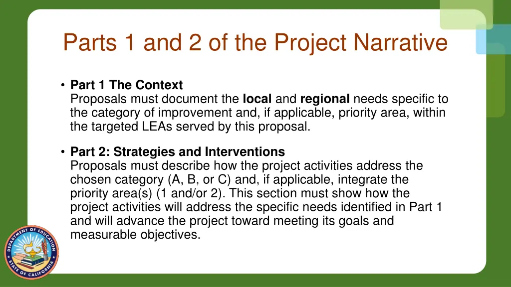 parts 1 and 2 of the project narrative