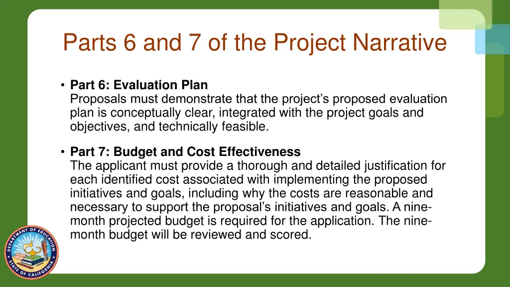 parts 6 and 7 of the project narrative