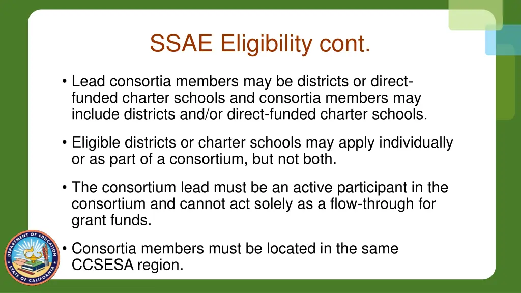 ssae eligibility cont