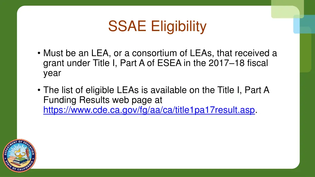 ssae eligibility