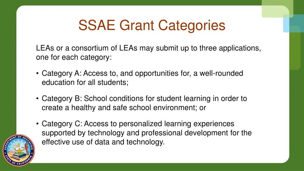 ssae grant categories