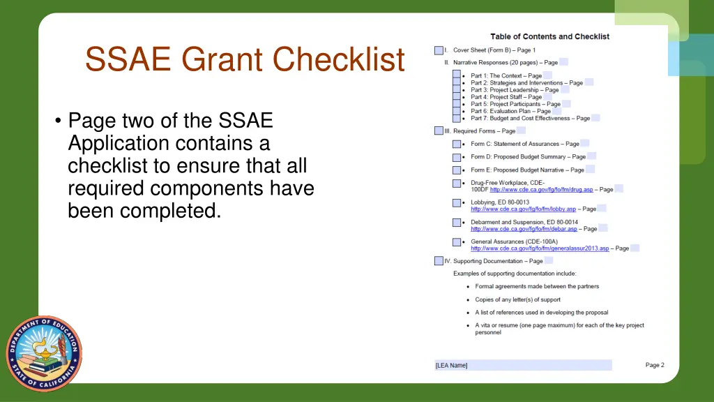 ssae grant checklist